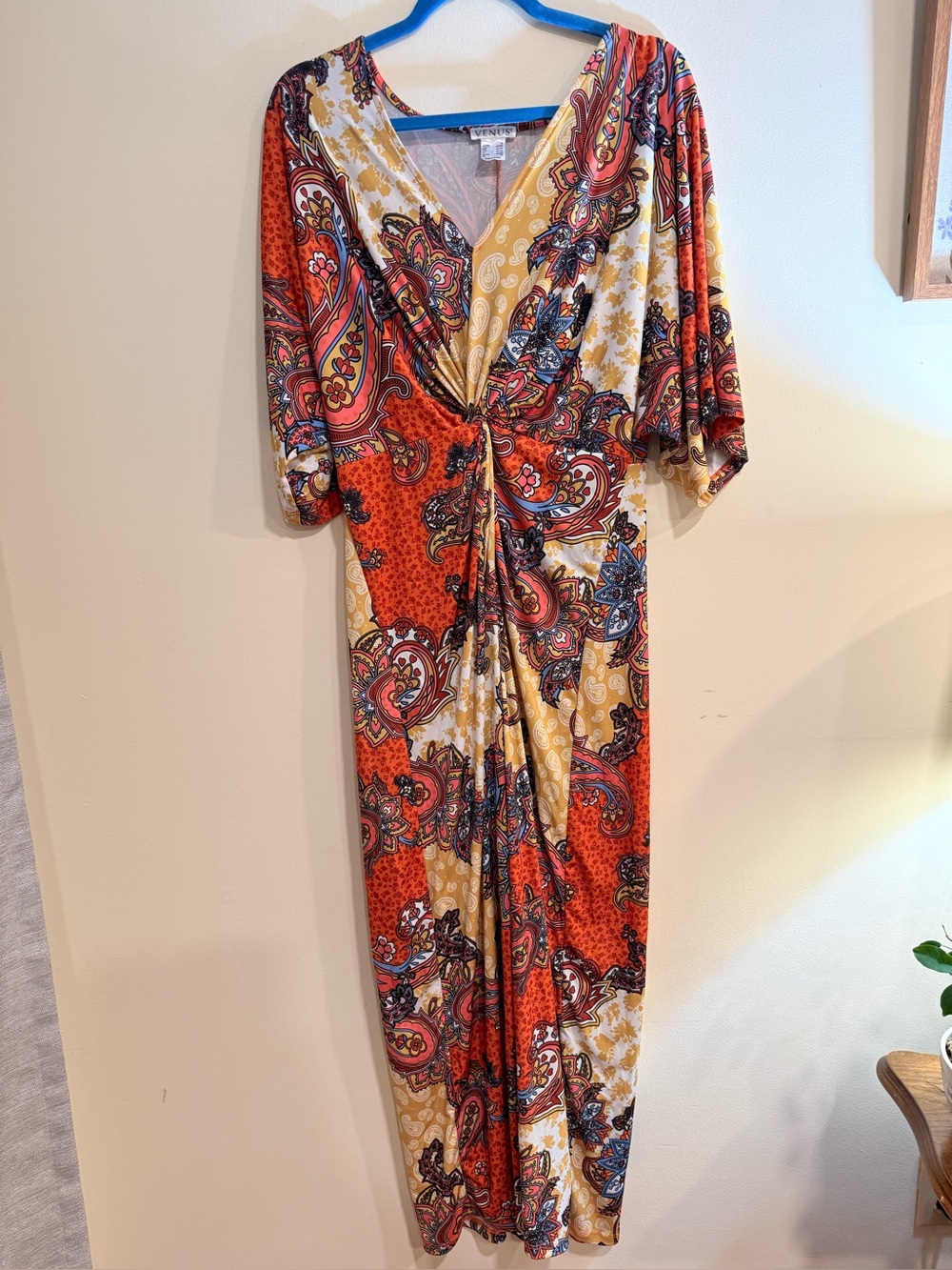 VENUS Red and Gold Paisley Twist-Front Maxi Dress